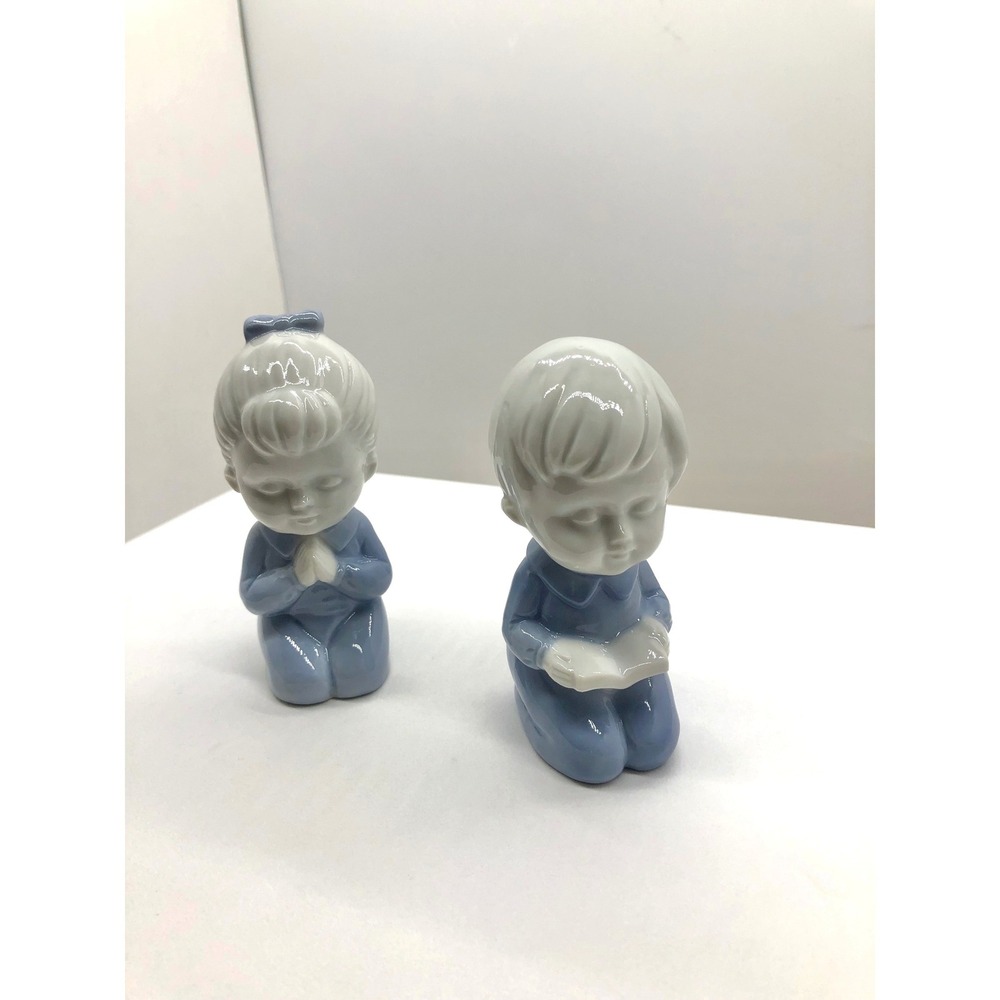 Vintage Blue and White Porcelain Praying Girl and Reading Boy Figurines Set of 2